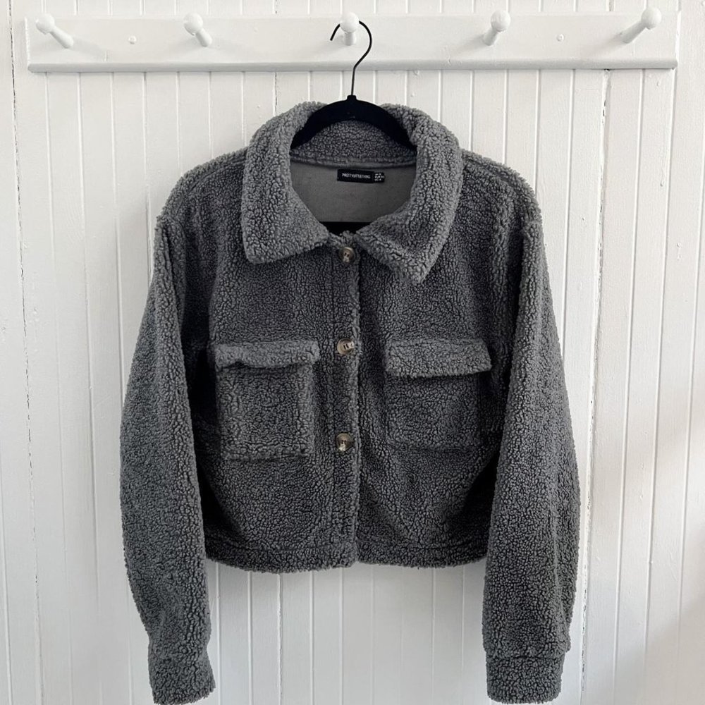 Pretty Little Thing Grey Borg Teddy Pocket Detail Shacket Jacket Size 8